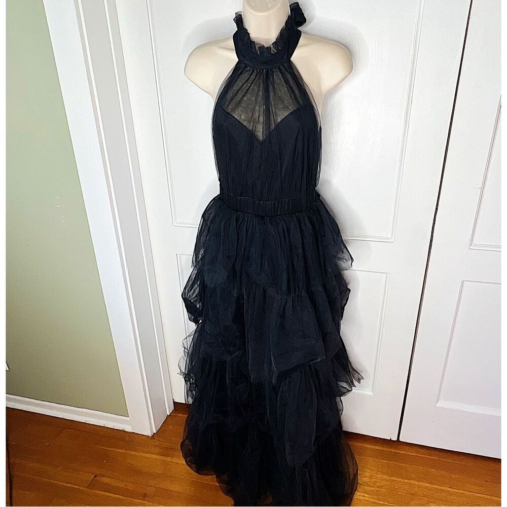 Petal & Pup Black Ruffled Halter Maxi Dress